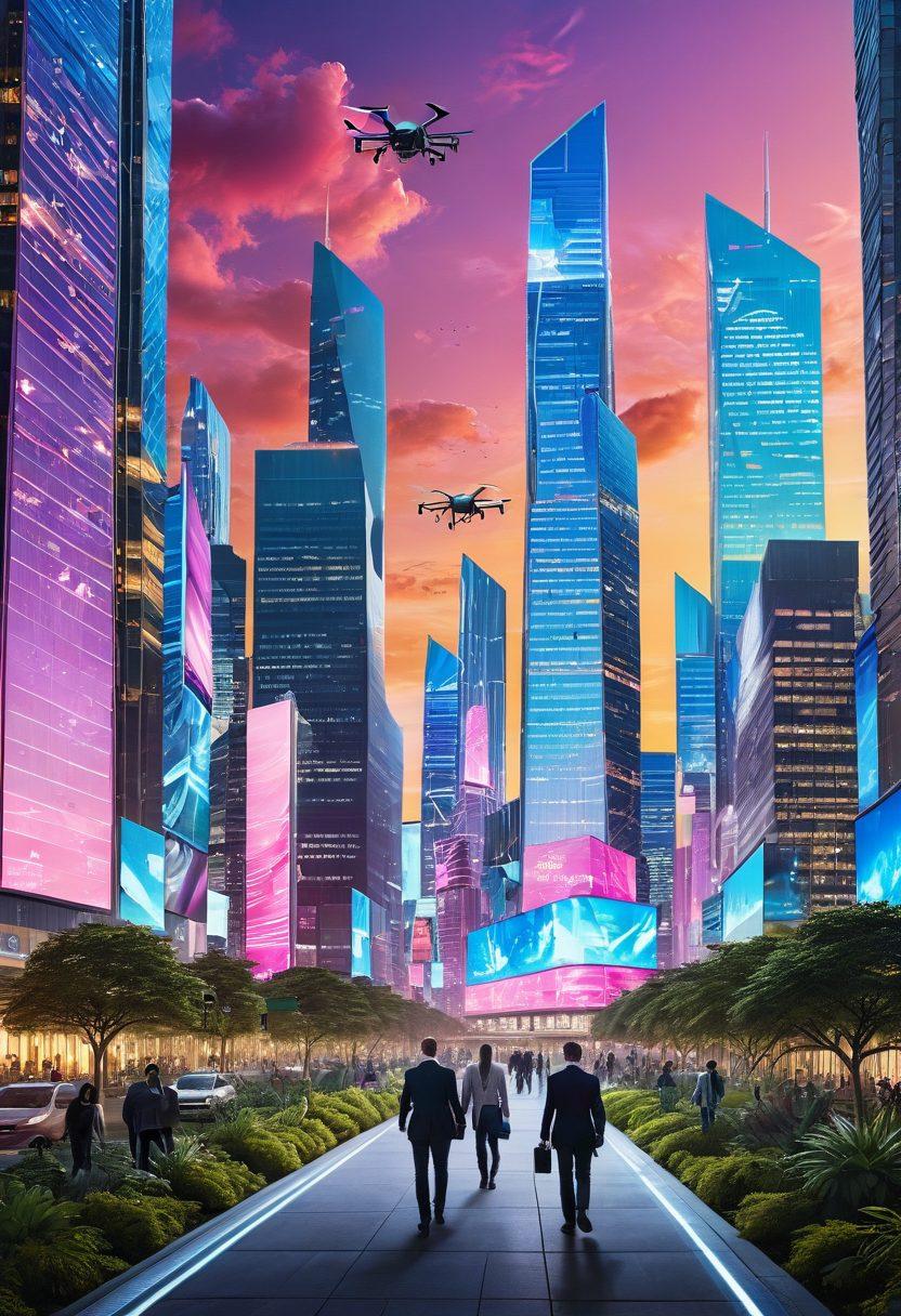 A futuristic cityscape with advanced technology seamlessly integrated into nature, featuring vibrant digital screens displaying data analytics and decision-making processes. Include a diverse group of professionals engaged in discussions, holographic interfaces, and drones flying overhead. The sky should be filled with bright colors representing innovation and optimism. super-realistic. vibrant colors. 3D.