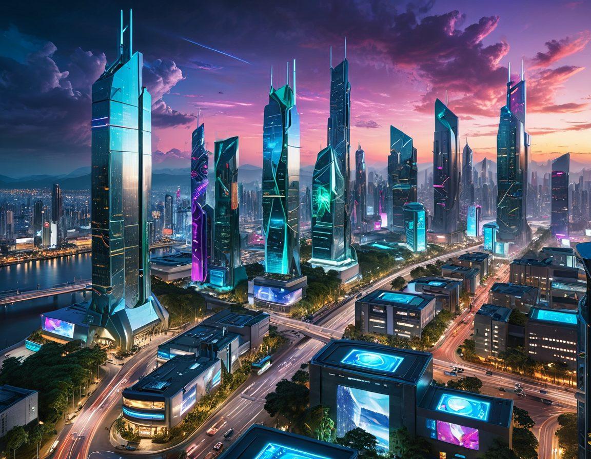 A futuristic cityscape showcasing advanced cognitive computing technology with holographic interfaces and diverse individuals interacting seamlessly with intelligent solutions. Elements of nature such as lush greenery juxtaposed against high-tech buildings, symbolizing a harmony between technology and the environment. Vibrant colors to highlight innovation and progress. super-realistic. cyberpunk.