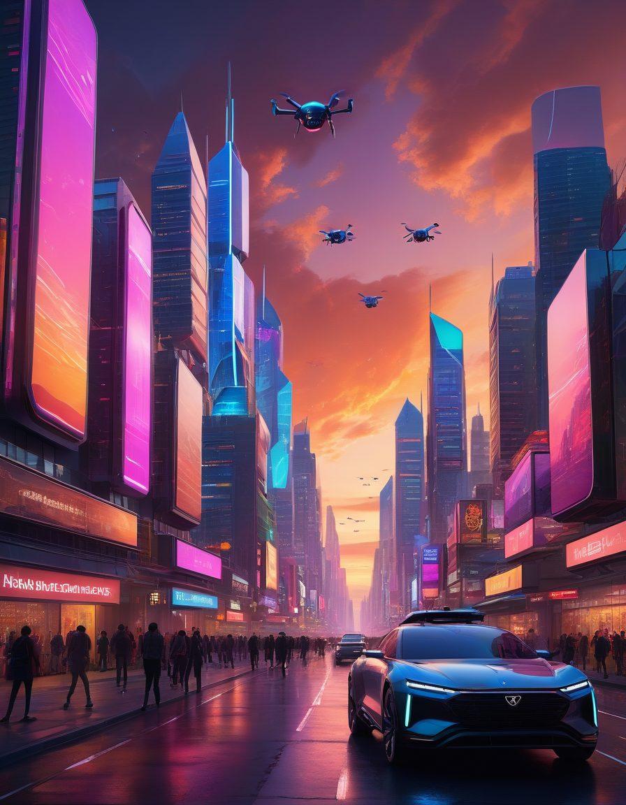 A futuristic city skyline illuminated by neon lights, showcasing advanced smart technology like drones, autonomous vehicles, and holographic displays. In the foreground, diverse people interact with intelligent devices and AI companions, highlighting everyday life enhanced by innovation. The sky is a blend of dusk and dawn colors, symbolizing change and evolution. surrealist style. vibrant colors. 3D.